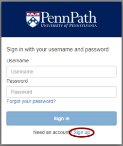 Screenshot of PennPath page highlighting where you select Sign up.