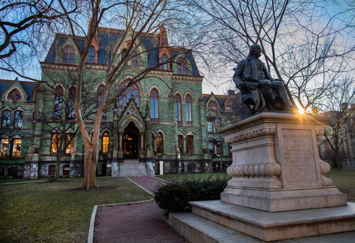 Statue of Benjamin Franklin in front of College Hall at the University of Pennsylvania.