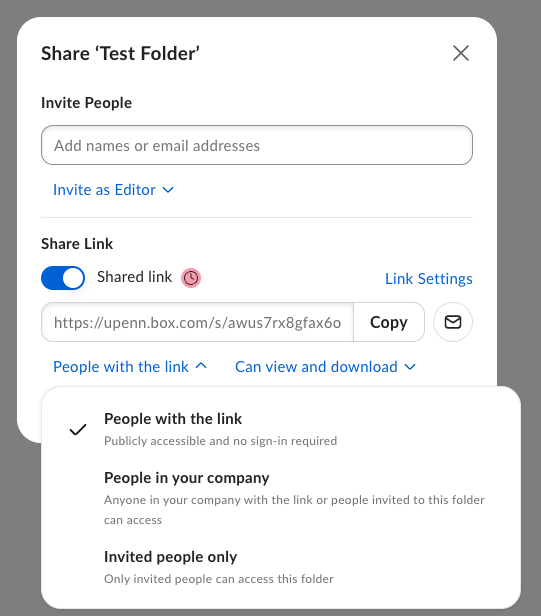 Screenshot of a Penn Box dialog titled “Share ‘Test Folder.’” The dialog includes a field to invite people, options to set permissions, and a “Share Link” section with the link enabled and access options for who can view the folder.