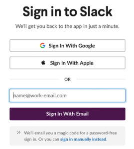 Slack sign-in screen with options to sign in with Google, Apple, or email