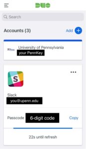 Duo mobile screen with example of Slack code