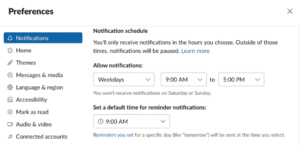 Preferences menu displaying options for setting a notification schedule.