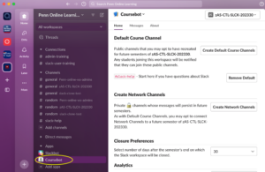 Slack desktop app with Coursebot menu item indicated