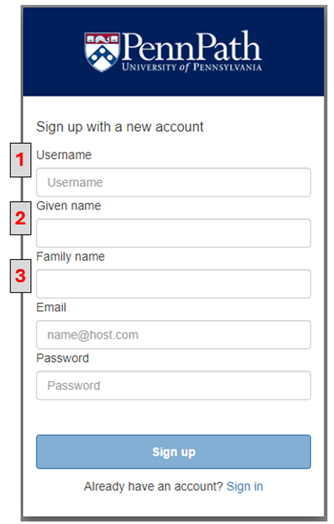 Image of the PennPath account creation screen